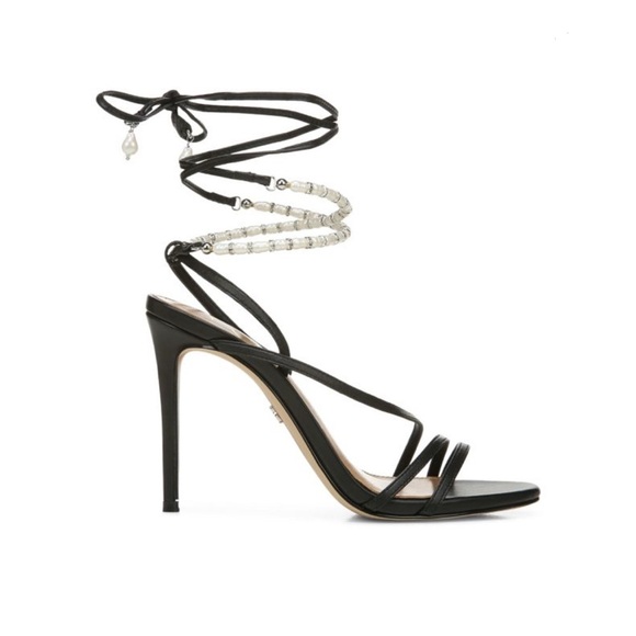 Sam Edelman 'Scarlette'  Tie Heel Sandals  black leather w pearl embellishments - Picture 1 of 11
